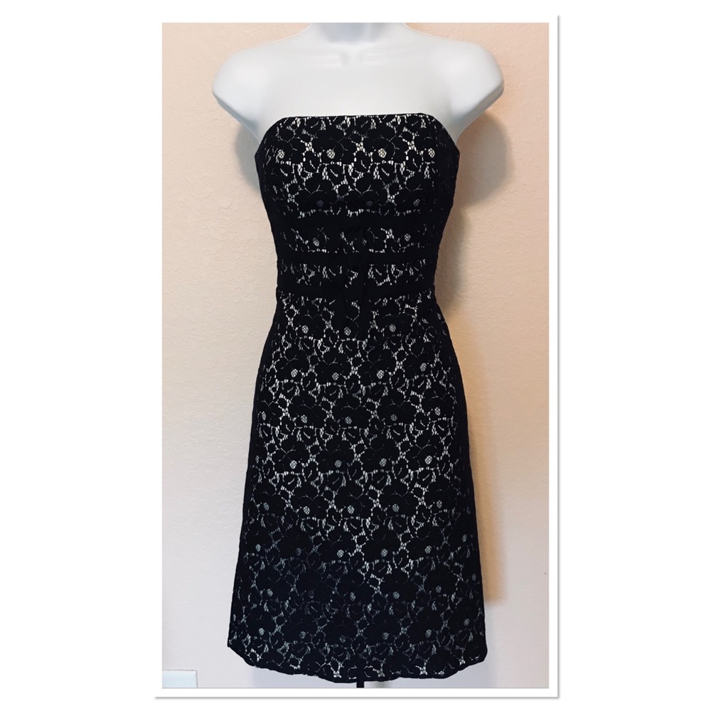 WHBM Ivory Black Lace Strapless Cocktail Dress 0
